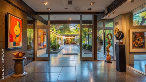 view of a suburban mid-century modern home with a private art gallery that showcases a collection of modernist paintings and sculptures