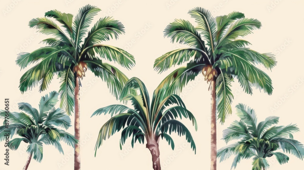 The image features five lush and vibrant palm trees standing gracefully against a light beige background, highlighting their tropical beauty and detailed foliage. The image features five lush and vibrant palm trees standing gracefully against a light beige background, highlighting their tropical beauty and detailed foliage.
