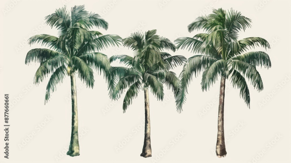 Obraz premium A clear illustration of three tall palm trees with green fronds on a light beige backdrop, bringing out the tropical ambiance and natural elegance of the trees.