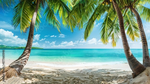 Wallpaper Mural A view from under the shade of lush palm trees, revealing a sandy tropical beach meeting the vibrant blue sea, evoking a sense of calm and serenity in paradise. Torontodigital.ca