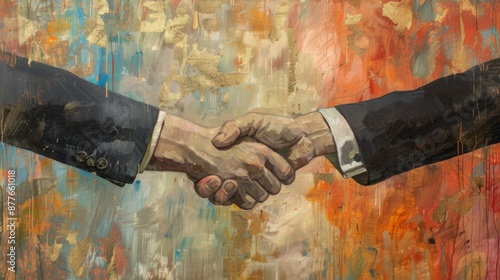 A realistic and artistic painting depicting two people shaking hands against a vivid abstract background filled with warm colors, symbolizing agreement and cooperation.