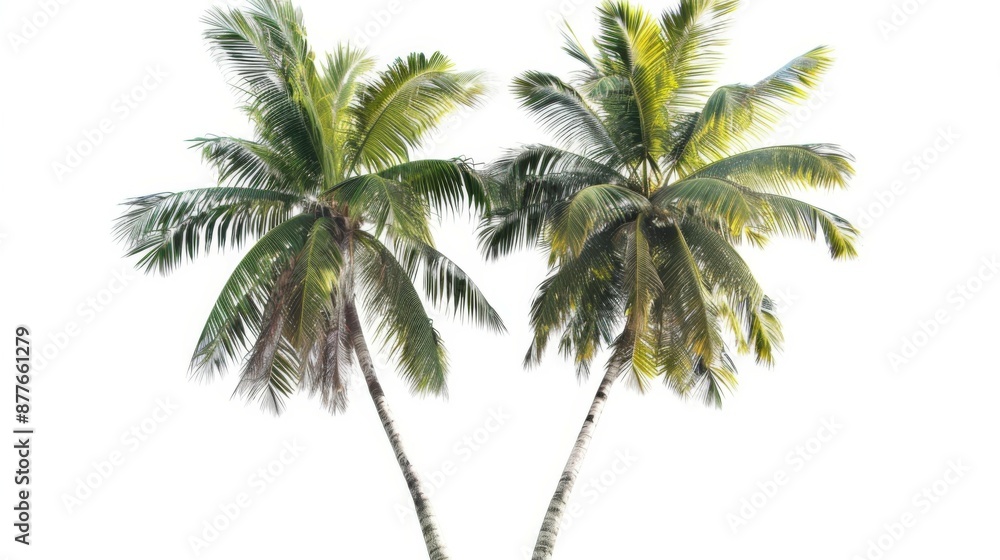 Obraz premium A serene image showcasing two tall palm trees with bright green leaves set against an uncluttered white background, representing nature and tranquility.