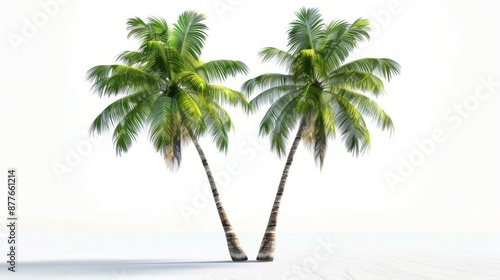 Twin palm trees stand tall on a pristine white sandy beach, their fronds swaying gently in the tropical breeze under a clear blue sky, embodying tranquility and paradise.