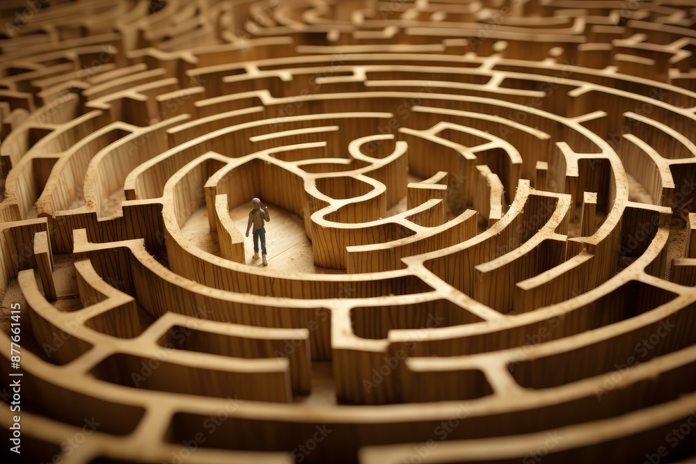 Figure of a businessman stands lost in a large, complex wooden labyrinth Figure of a businessman stands lost in a large, complex wooden labyrinth