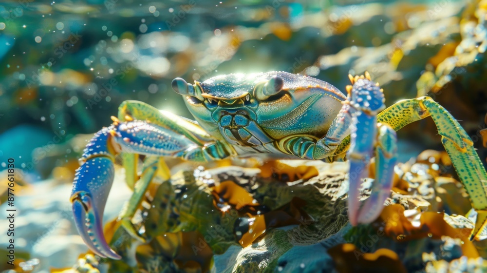 A visually stunning image of an underwater crab crawling over rocks, with sunlight rays penetrating the water, highlighting the intricate and colorful features of marine life. A visually stunning image of an underwater crab crawling over rocks, with sunlight rays penetrating the water, highlighting the intricate and colorful features of marine life.