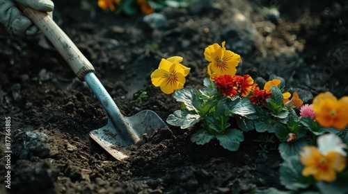 In a flower bed, the gardener uses a hand trowel to plant flowers in the dark dirt photo