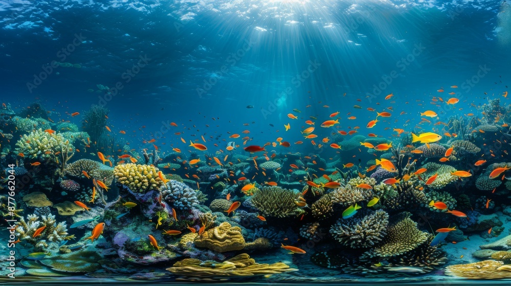 Naklejka premium An underwater scene depicting a vibrant coral reef filled with a variety of colorful fish, all illuminated by beams of sunlight penetrating the ocean surface.