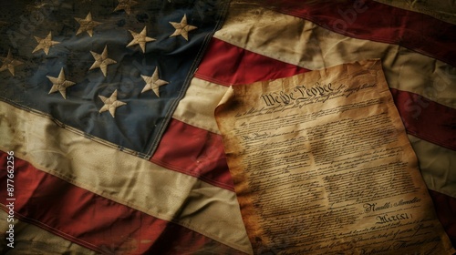 An aged document featuring the 'We the People' text prominently displayed atop an American flag backdrop, symbolizing the birth of American governance and foundational principles. photo