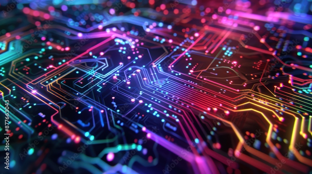 A colorful electronic circuit board with many different colored wires. The board is very detailed and has a lot of different colors A colorful electronic circuit board with many different colored wires. The board is very detailed and has a lot of different colors