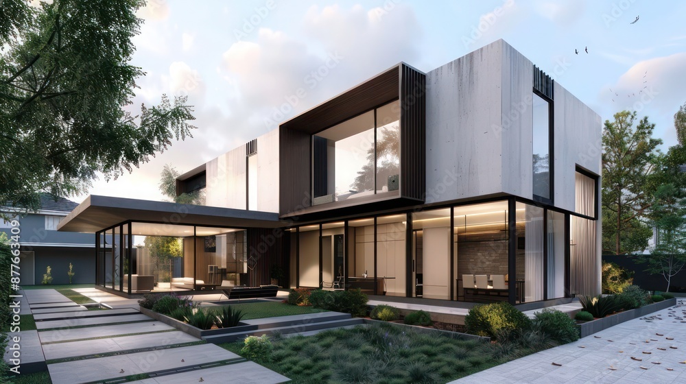 Contemporary suburban home with a modular, geometric facade that incorporates passive solar design principles Contemporary suburban home with a modular, geometric facade that incorporates passive solar design principles