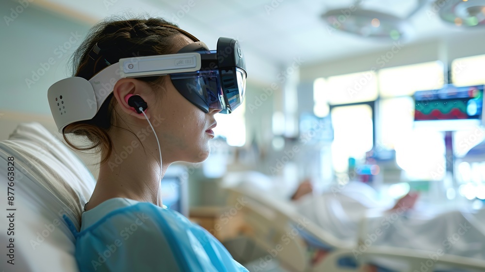 Modern Healthcare: Nurse in Smart Glasses Attending to Patient with Copy Space on Left Side for Text or Branding Modern Healthcare: Nurse in Smart Glasses Attending to Patient with Copy Space on Left Side for Text or Branding