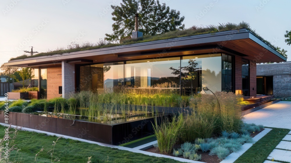 Contemporary suburban home with an eco-friendly design, featuring a living roof and integrated rainwater collection Contemporary suburban home with an eco-friendly design, featuring a living roof and integrated rainwater collection