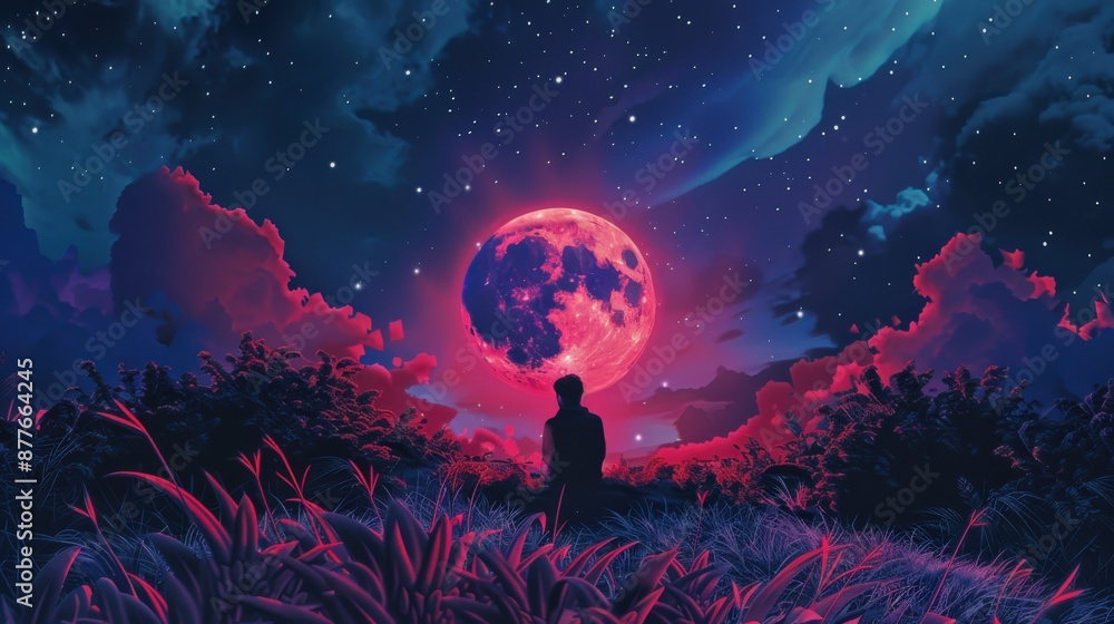 Fototapeta premium A person is sitting in a field of flowers and looking up at a large red moon. The sky is filled with stars and the atmosphere is serene and peaceful