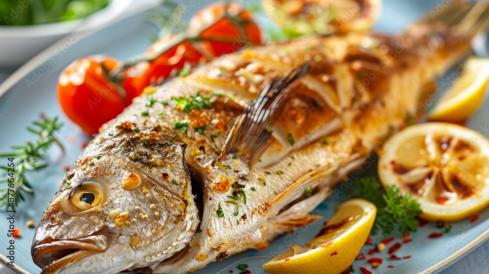 Tasty baked fish on plate on table close-up Tasty baked fish on plate on table close-up