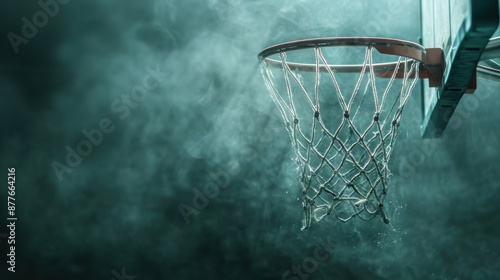 An outdoor basketball hoop amidst mist creates a minimalist scene with water droplets on the net, evoking stillness and contemplation, expressing the beauty of simple moments.