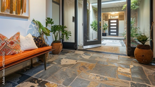 Entryway of a suburban mid-century modern home with a custom-made bench and stone flooring
