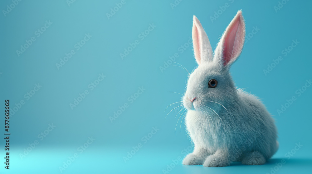 Obraz premium White rabbit sitting against a blue background.