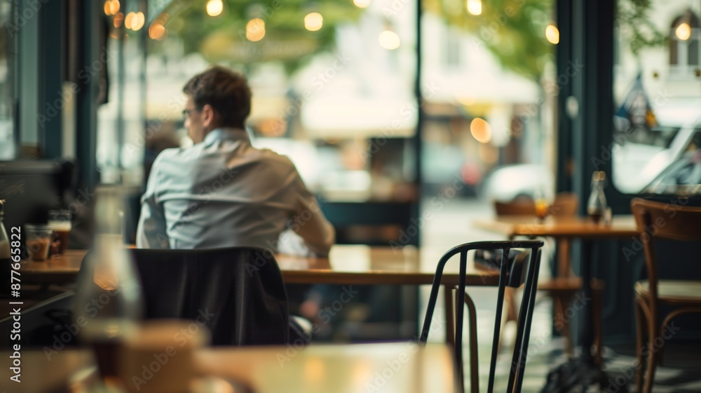 A man having a business meeting in a cafe, background out of focus, with space for text A man having a business meeting in a cafe, background out of focus, with space for text