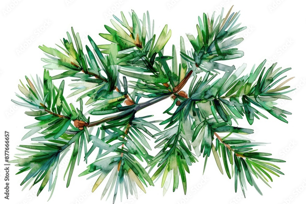 Watercolor painting of a pine tree branch with lush green needles and brown bark Watercolor painting of a pine tree branch with lush green needles and brown bark