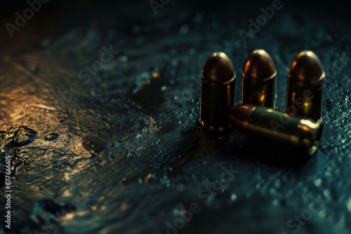 Four bullets lying on a wet surface reflecting a dramatic golden light