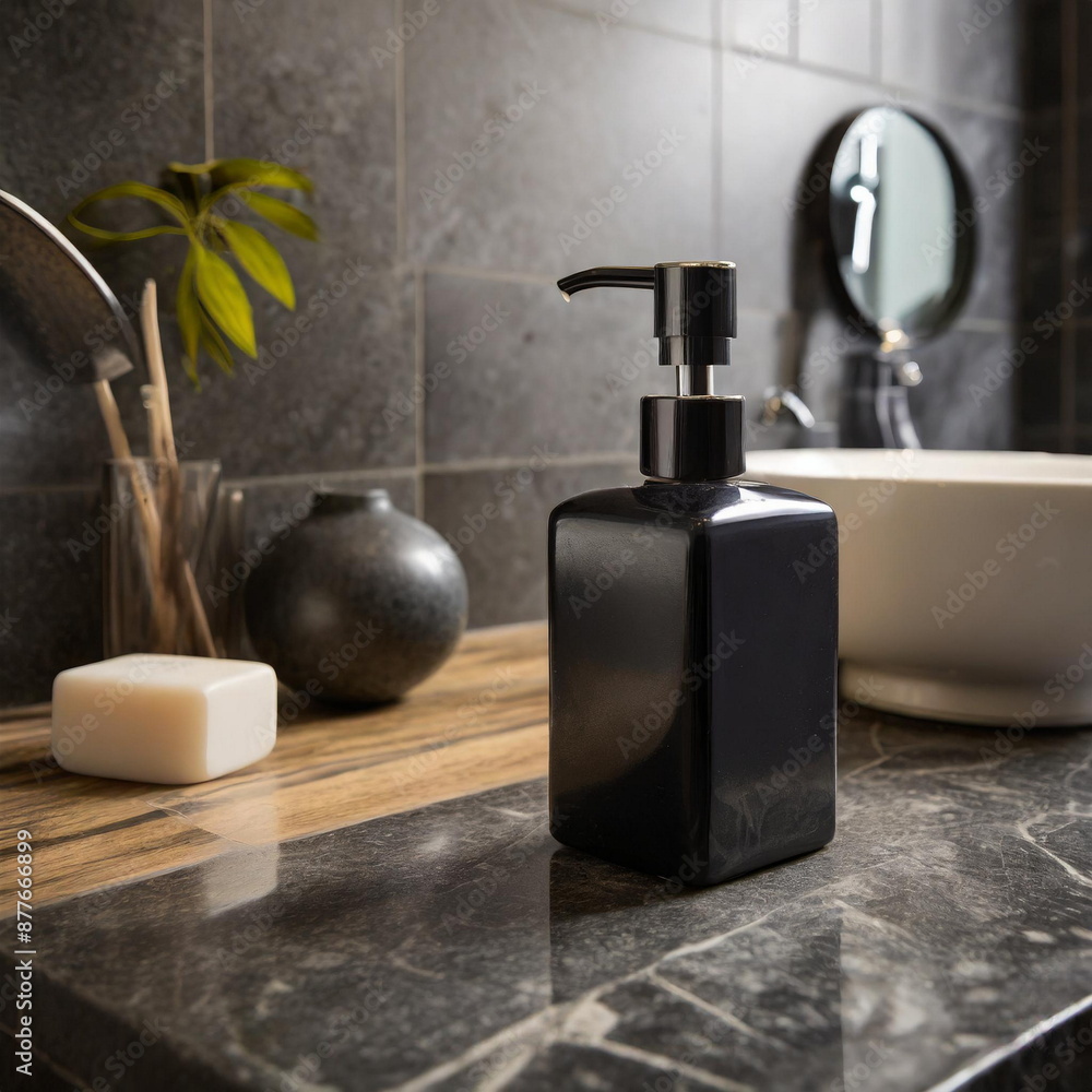 Black soap bottle mockup in dark stone bathroom, skin care, hygiene concept Black soap bottle mockup in dark stone bathroom, skin care, hygiene concept