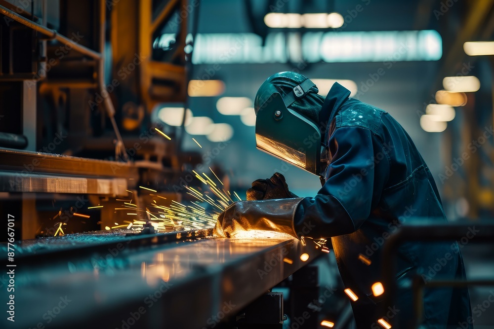 Skilled welder in protective gear performing precision metalwork amidst sparks in an industrial setting Skilled welder in protective gear performing precision metalwork amidst sparks in an industrial setting