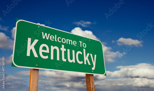 Photography Welcome To Kentucky Green Road Sign Over Blue Sky with Some Clouds