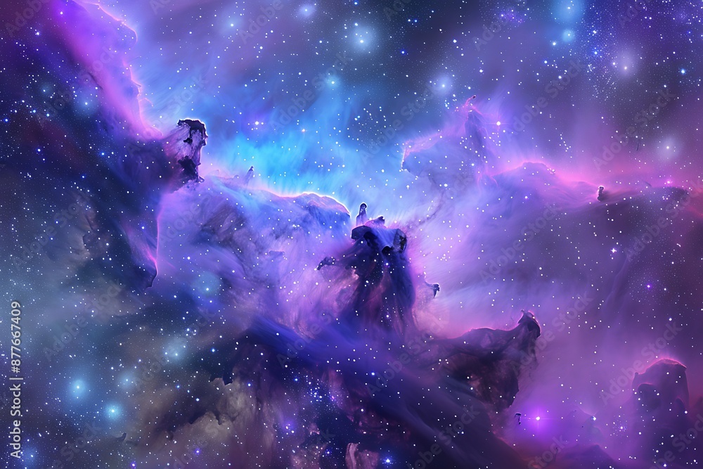 Fototapeta premium A cosmic dance of glowing gas clouds, their forms blending seamlessly from purple to blue, sprinkled with stardust.