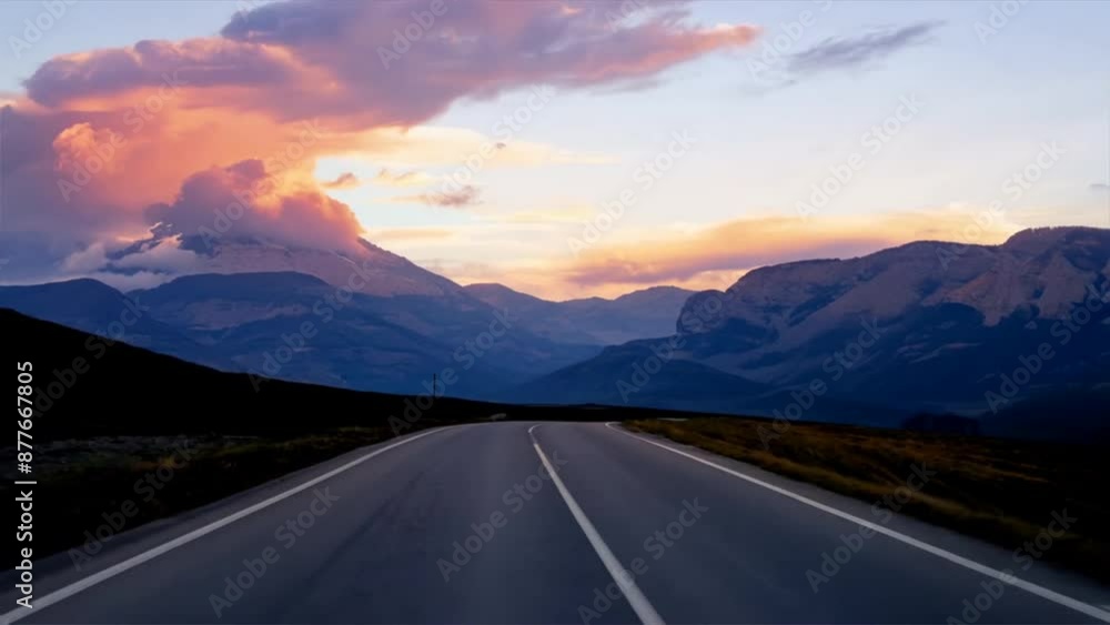 Straight asphalt road and mountain with sky clouds background at sunset Straight asphalt road and mountain with sky clouds background at sunset