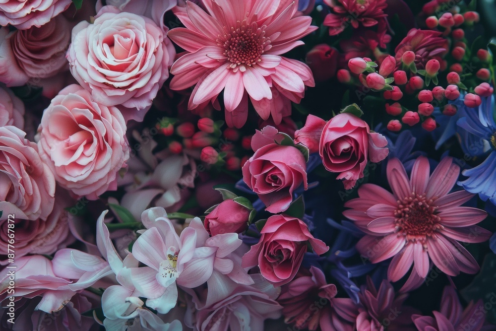 Beautiful floral composition featuring pink roses, gerbera daisies, and orchids, creating a stunning display of colors and textures Beautiful floral composition featuring pink roses, gerbera daisies, and orchids, creating a stunning display of colors and textures