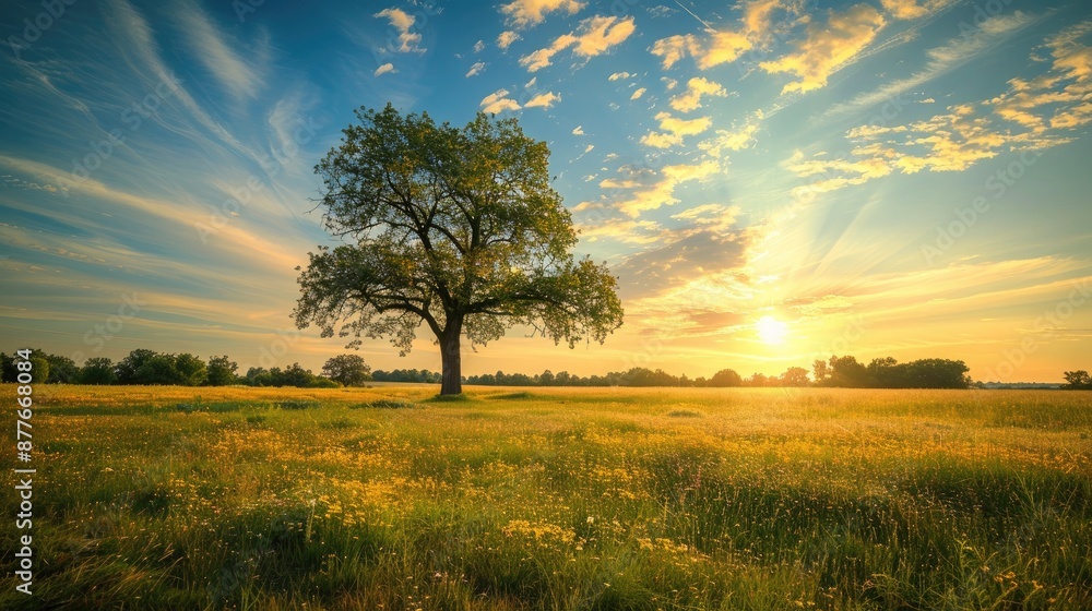 Obraz premium Field tree and sky at sundown