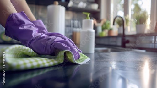 The hands wiping kitchen countertop photo