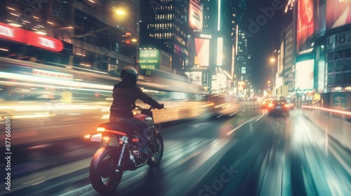 Title:????????? City lights streak past a lone motorcyclist on a busy urban street. photo