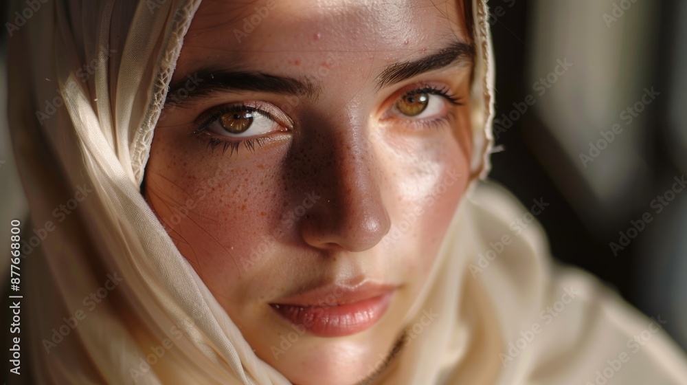 A close-up photo of a person wearing a headscarf, great for editorial or personal use A close-up photo of a person wearing a headscarf, great for editorial or personal use