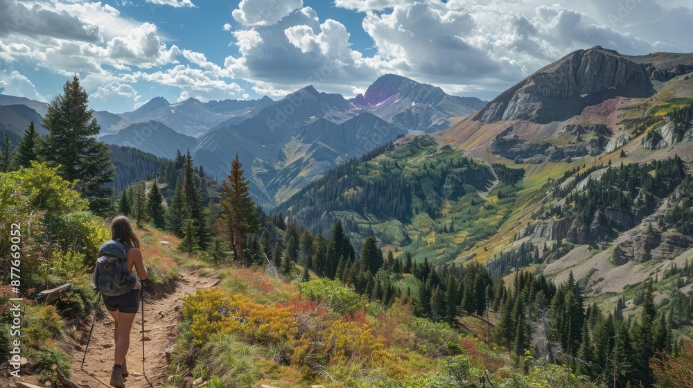 A woman trekking in the Uncompahgre National Forest near Ouray, Colorado's Bear Creek National Recreation Trail. A woman trekking in the Uncompahgre National Forest near Ouray, Colorado's Bear Creek National Recreation Trail.