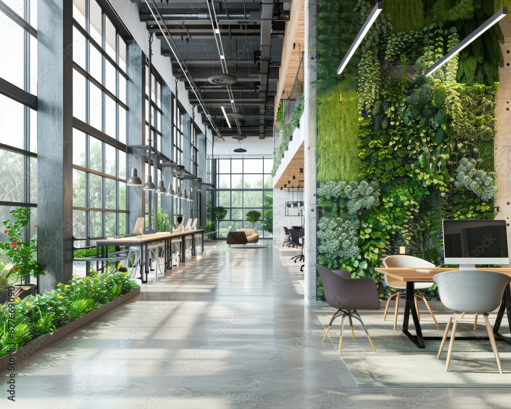 Modern co working office relaxation zone with vertical green plant wall in bright open space Modern co working office relaxation zone with vertical green plant wall in bright open space