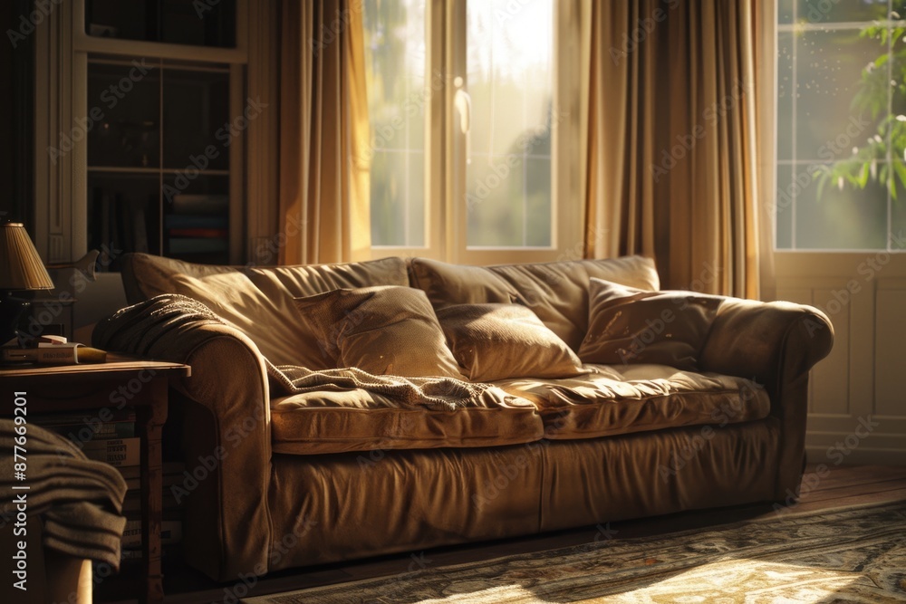 Fototapeta premium A dog is relaxing on a couch, looking out the window
