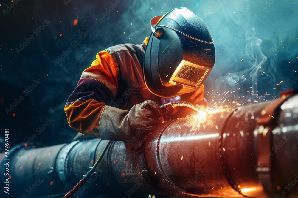 a welder with a shield welds a pipe Generative AI a welder with a shield welds a pipe Generative AI