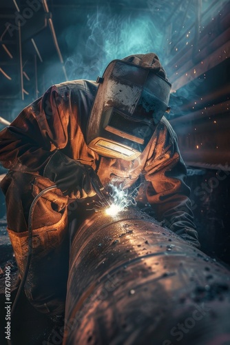 a welder with a shield welds a pipe Generative AI