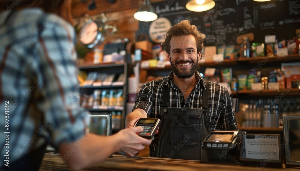Happy shopkeeper accepting contactless payment from a customer in a cheerful store environment Happy shopkeeper accepting contactless payment from a customer in a cheerful store environment