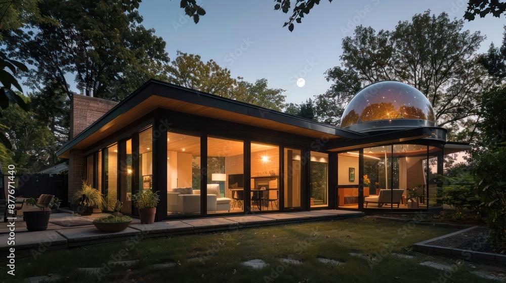 Obraz premium Mid-century modern suburban home with a backyard observatory dome for stargazing