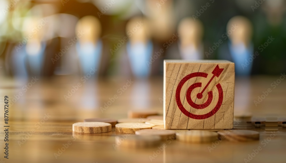 Fototapeta premium Crm concept wooden block target icon with human icons for customer focus and service