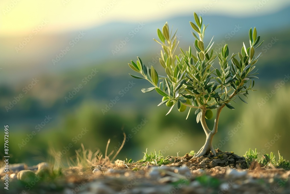Sapling olive tree bathed in the warm glow of the setting sun, symbolizing growth and peace Sapling olive tree bathed in the warm glow of the setting sun, symbolizing growth and peace