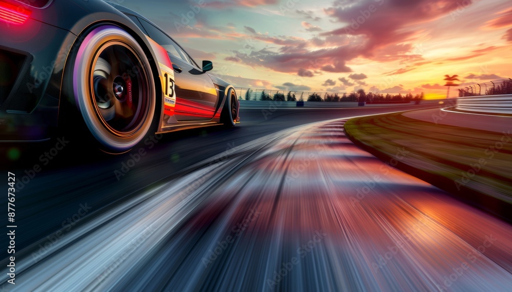 Racing car speeding on track in the glowing light of the evening sunset, fast and dynamic scene Racing car speeding on track in the glowing light of the evening sunset, fast and dynamic scene