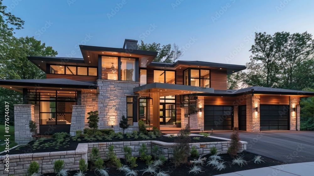 Suburban contemporary home's facade featuring a mix of wood and stone materials and sustainable design Suburban contemporary home's facade featuring a mix of wood and stone materials and sustainable design