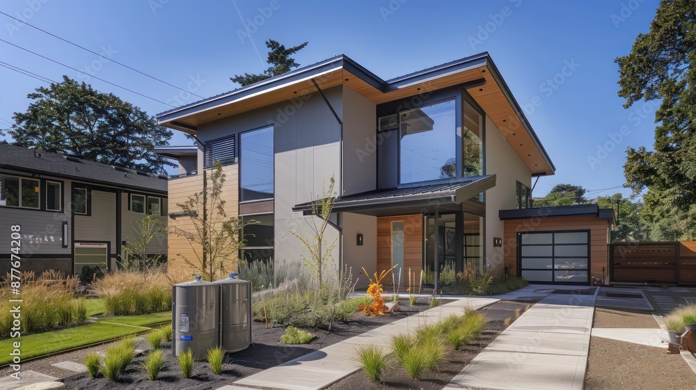 Obraz premium Suburban contemporary home's exterior with innovative rainwater collection system integrated into the design