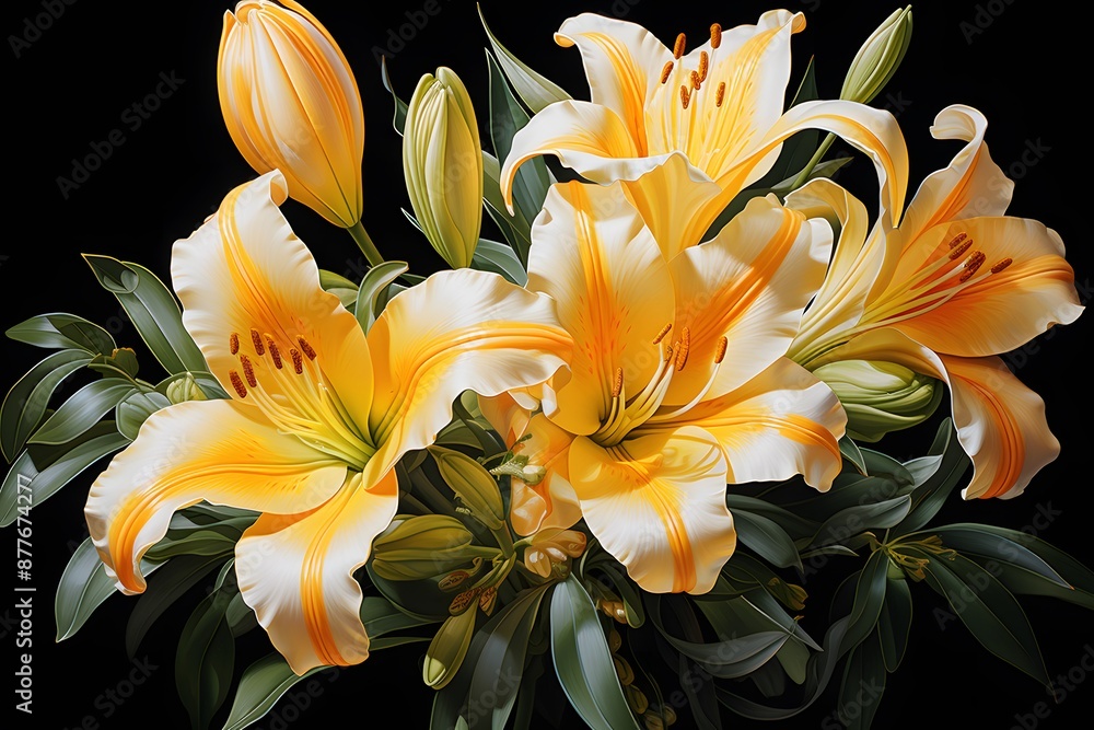 A vibrant bouquet of orange lilies with detailed petals and green leaves. The flowers are in full bloom, showcasing their striking colors and intricate patterns, set against a neutral background. A vibrant bouquet of orange lilies with detailed petals and green leaves. The flowers are in full bloom, showcasing their striking colors and intricate patterns, set against a neutral background.