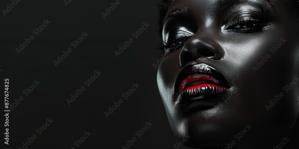 Close-Up of Woman with Red Lips and Black Background. Dramatic close-up portrait of a woman with shiny red lips, dark skin, and a black background, emphasizing beauty and contrast. Banner copy space Close-Up of Woman with Red Lips and Black Background. Dramatic close-up portrait of a woman with shiny red lips, dark skin, and a black background, emphasizing beauty and contrast. Banner copy space