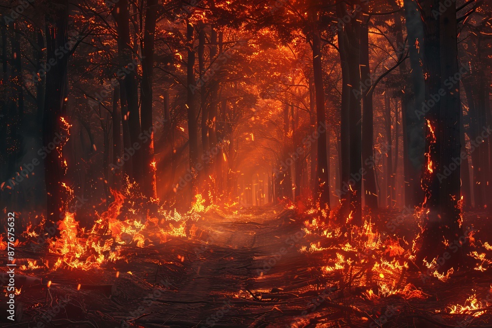 Intense flames engulfing trees in a forest fire burning at night Intense flames engulfing trees in a forest fire burning at night
