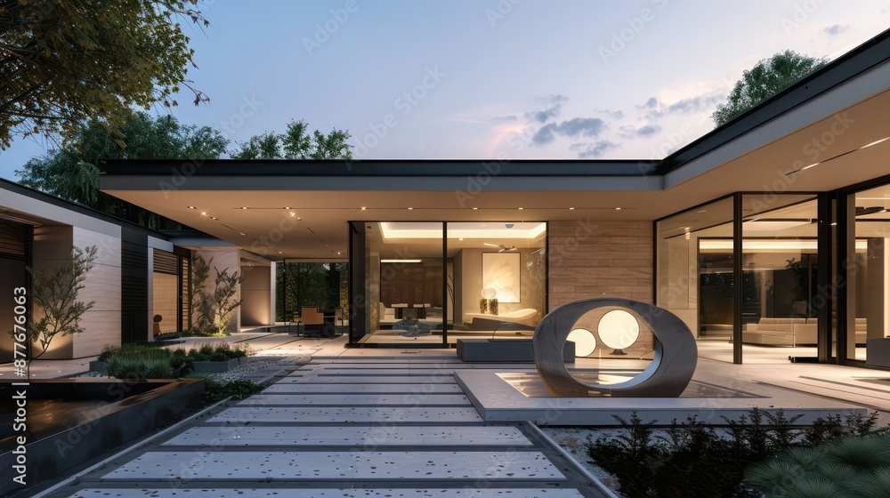 Fototapeta premium Suburban contemporary home with a minimalist exterior and a hidden courtyard featuring a modern sculpture